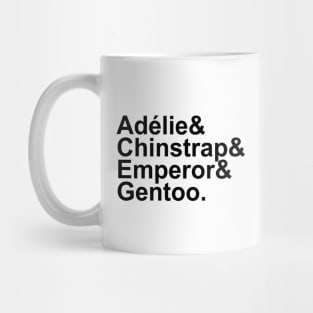 Adélie, Chinstrap, Emperor, Gentoo (Black) Mug